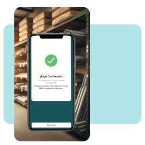 Pantalla de smartphone mostrando un mensaje de pago confirmado para una recompra rápida de materiales de construcción.