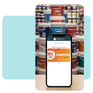 Pantalla móvil mostrando una promoción del 10% de descuento en marcas líderes de pintura por compras al por mayor.