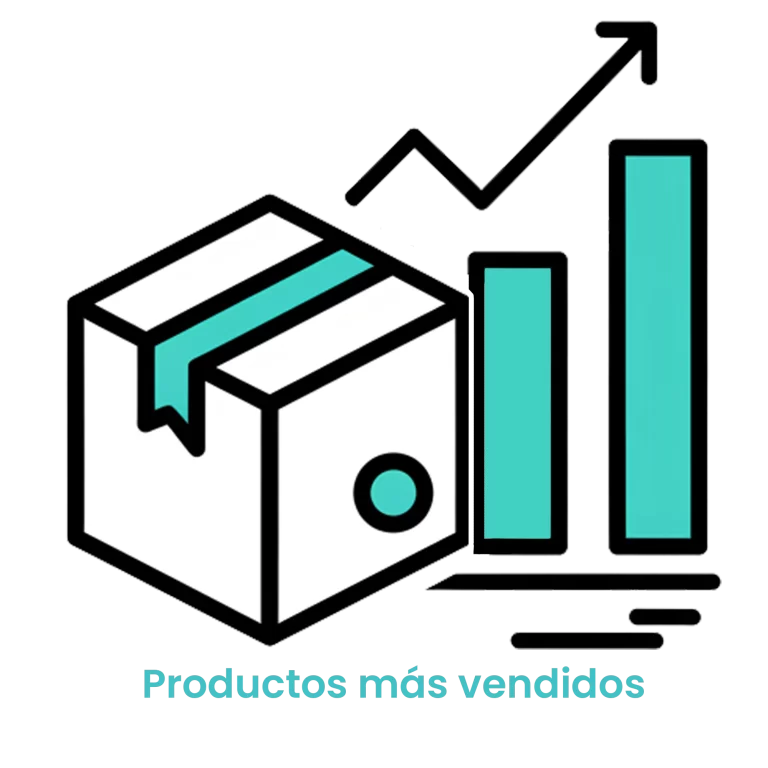 Icono de una caja de mercancía junto a un gráfico de barras ascendente que representa el top de ventas.