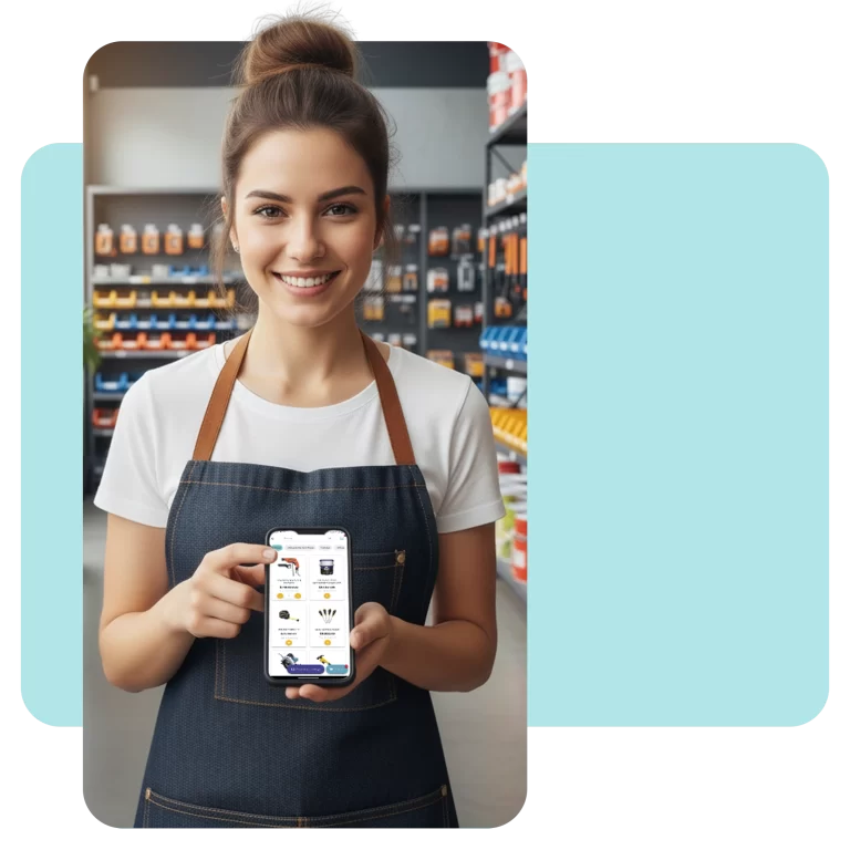 Mujer con delantal de ferretería mostrando en su celular un catálogo con variantes de productos, marcas y calibres.