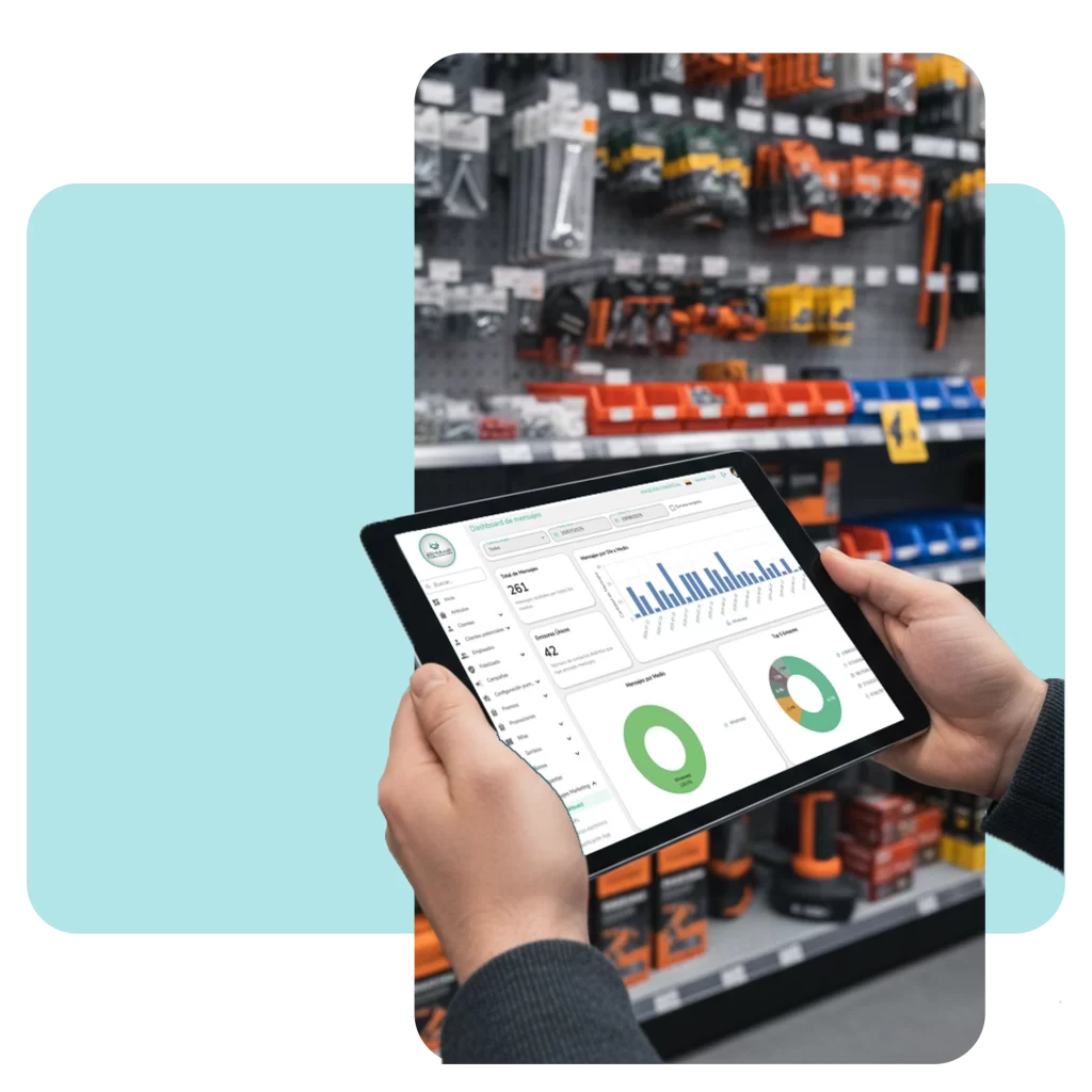 Persona usando una tablet para gestionar el inventario real y reportes de ventas en una ferretería.