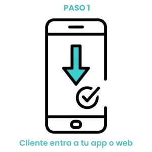 Icono de smartphone con flecha de descarga indicando el ingreso del cliente a la app personalizada de la ferretería.