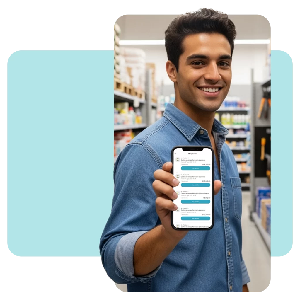 Hombre en bodega ferretera usando la app para repetir un pedido anterior con un solo clic desde el historial de compras.