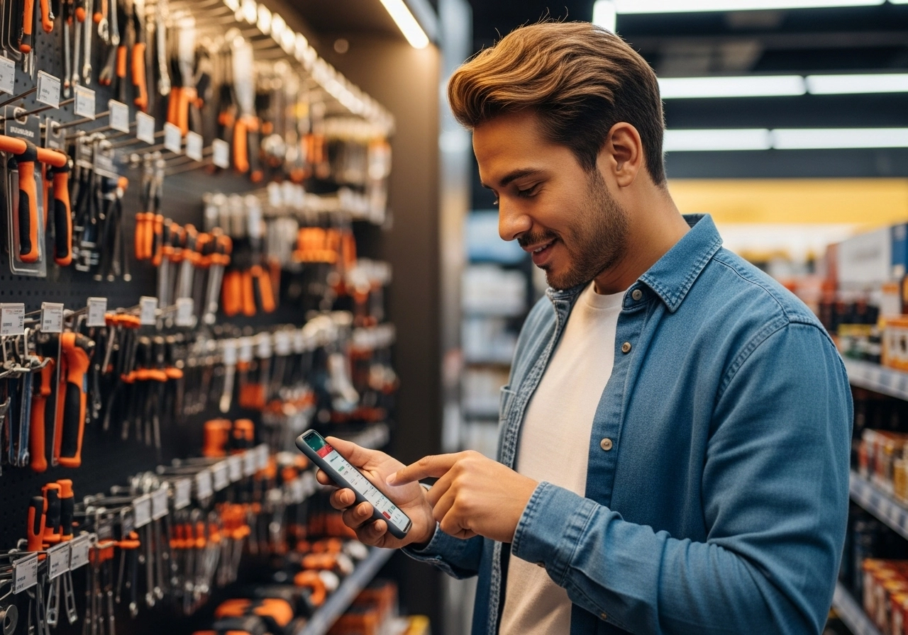 Hombre en una ferretería usando la app Zencillo Revolution en su celular para consultar stock y pedidos.