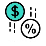 Icono de signo de dólar y porcentaje que indica ventas directas sin comisiones por intermediarios.