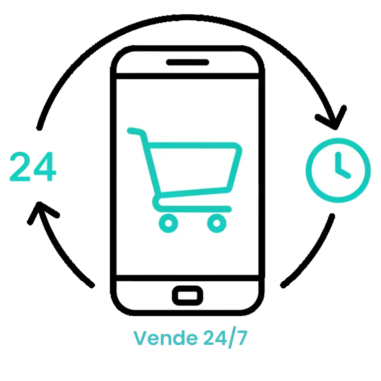 Icono de smartphone con un carrito de compras y un reloj circular que indica ventas automáticas las 24 horas del día.