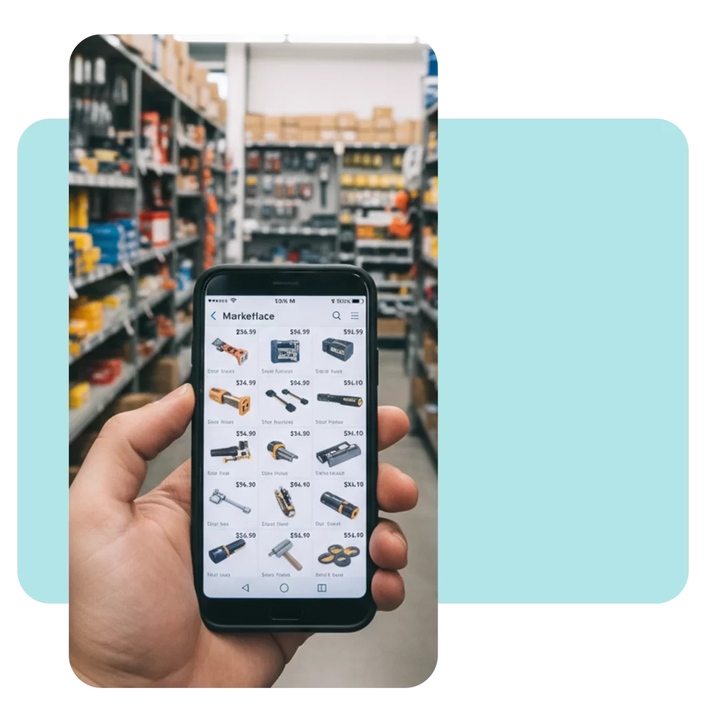 Mano sosteniendo un celular con una aplicación de marketplace genérica donde los productos de ferretería compiten por precio.