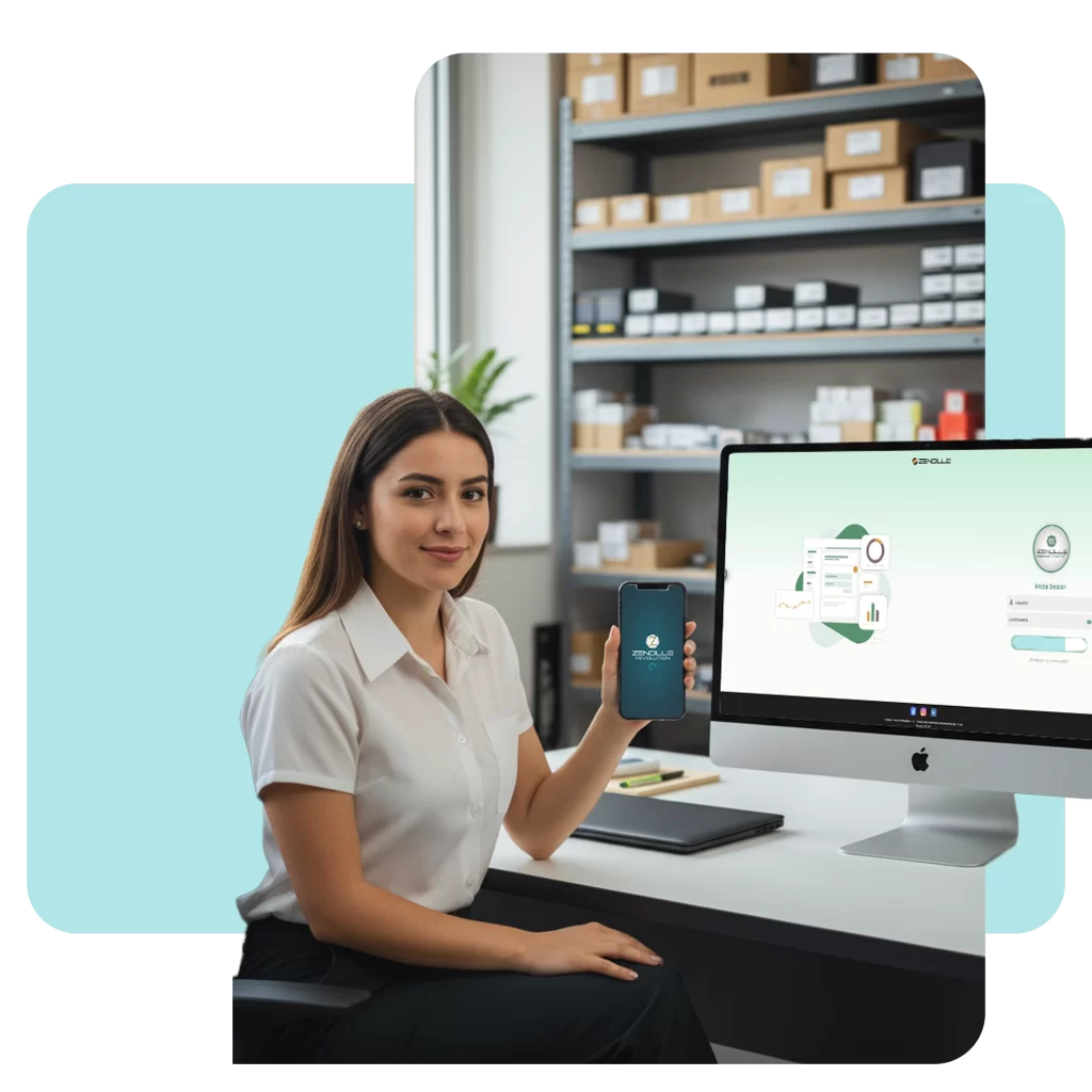 Mujer en oficina administrativa de ferretería utilizando un ordenador y smartphone para supervisar el kardex y dashboards de ventas en tiempo real.