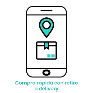 Icono de smartphone con un paquete y un pin de ubicación, representando las opciones de entrega a domicilio y recogida en tienda para dueños de mascotas.