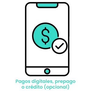 Icono de moneda con signo de verificación en un móvil, representando pagos digitales y opciones de prepago.