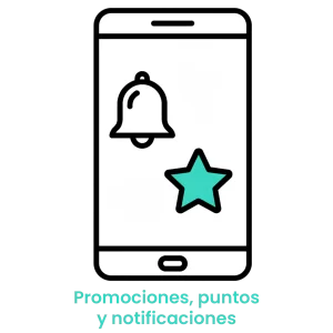 Icono de campana y estrella en un smartphone que indica el envío de promociones y notificaciones push a clientes.