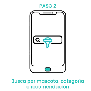 Icono de smartphone con barra de búsqueda y filtros para segmentar productos por tipo de mascota y categorías de alimento.
