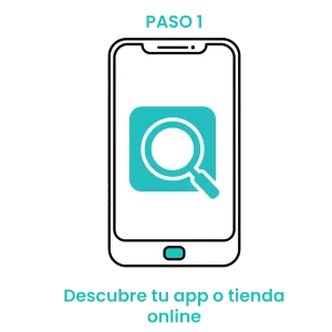 Icono de smartphone con una lupa buscando aplicaciones de pet shop y tiendas de mascotas online.