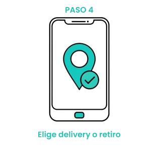 Icono de smartphone con un pin de ubicación y marca de verificación para seleccionar entrega a domicilio o recogida en tienda.