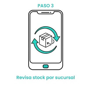 Icono de smartphone con flechas de rotación y un paquete, simbolizando la consulta de inventario en tiempo real por sede.