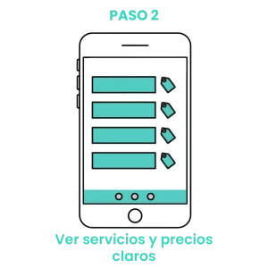 Icono de pantalla de móvil con etiquetas de precio, representando un catálogo digital de servicios de peluquería y estética.