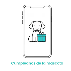 Icono de perro con una caja de regalo, indicando notificaciones automáticas y regalos por el cumpleaños de la mascota.