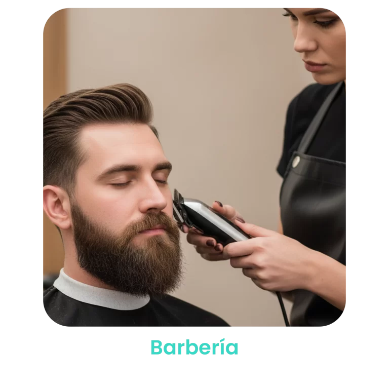 Barbero profesional realizando un corte de cabello y barba a un hombre, representando el sector de barberías.