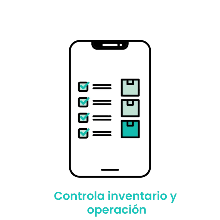 Icono de smartphone con lista de verificación y cajas de mercancía con una flecha de crecimiento, simbolizando control total.