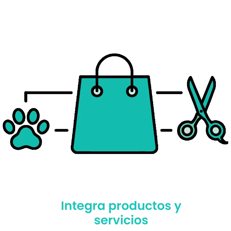 Icono que conecta una huella de mascota, una bolsa de compras y unas tijeras, representando la unión de tienda y grooming.