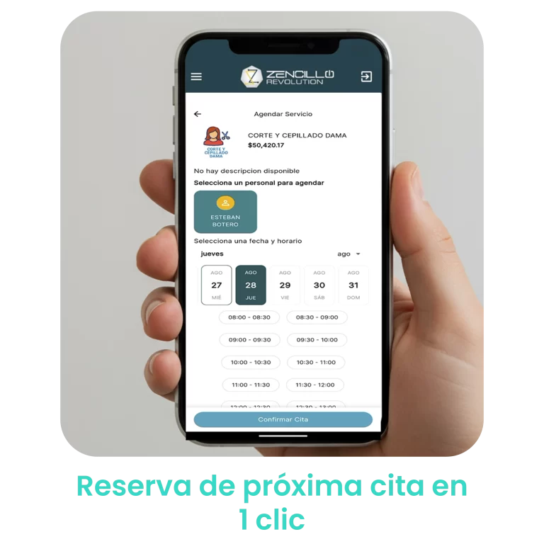Pantalla de confirmación de cita en la app, facilitando al cliente reservar su próxima visita de forma instantánea.