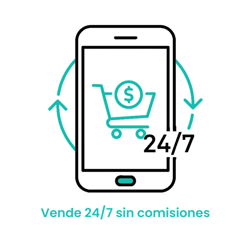 Icono de smartphone con carrito de compras y símbolo de dólar en ciclo de 24 horas, representando ventas continuas sin intermediarios.
