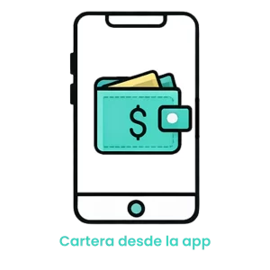 Icono de una billetera con signo de dólar en la pantalla de un móvil para saldos a favor del cliente.