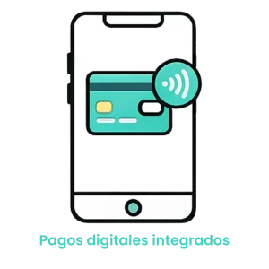 Icono de tarjeta de crédito con señal wifi (contactless) en un smartphone para pagos integrados en la app.