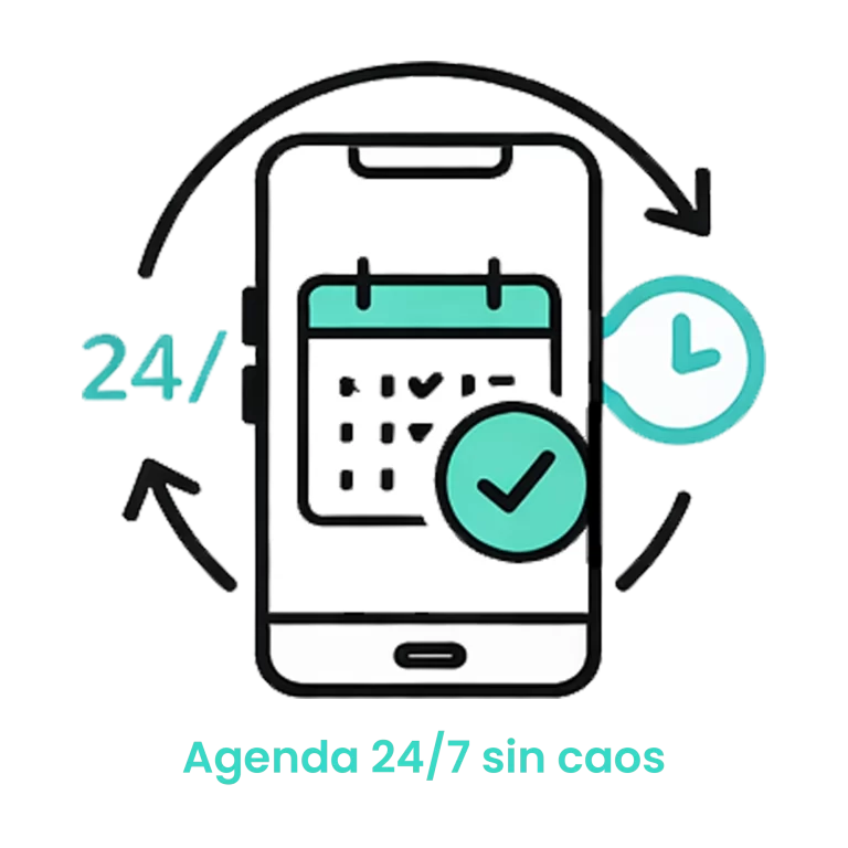 cono de un smartphone con un calendario y reloj, representando la disponibilidad de citas 24/7 sin errores manuales.
