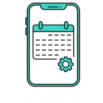 Icono de calendario digital con engranaje que representa el sistema de agenda inteligente y automatizada.
