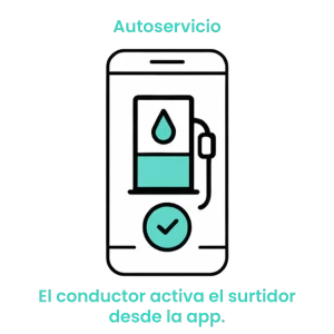 Icono de smartphone mostrando un surtidor de combustible con una marca de verificación, representando la activación remota por parte del conductor.
