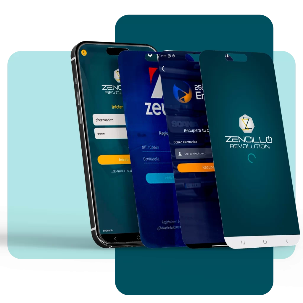 Vista en perspectiva de múltiples smartphones mostrando la personalización de la app con diferentes marcas corporativas, destacando que no es una app genérica sino la app de tu propia compañía.