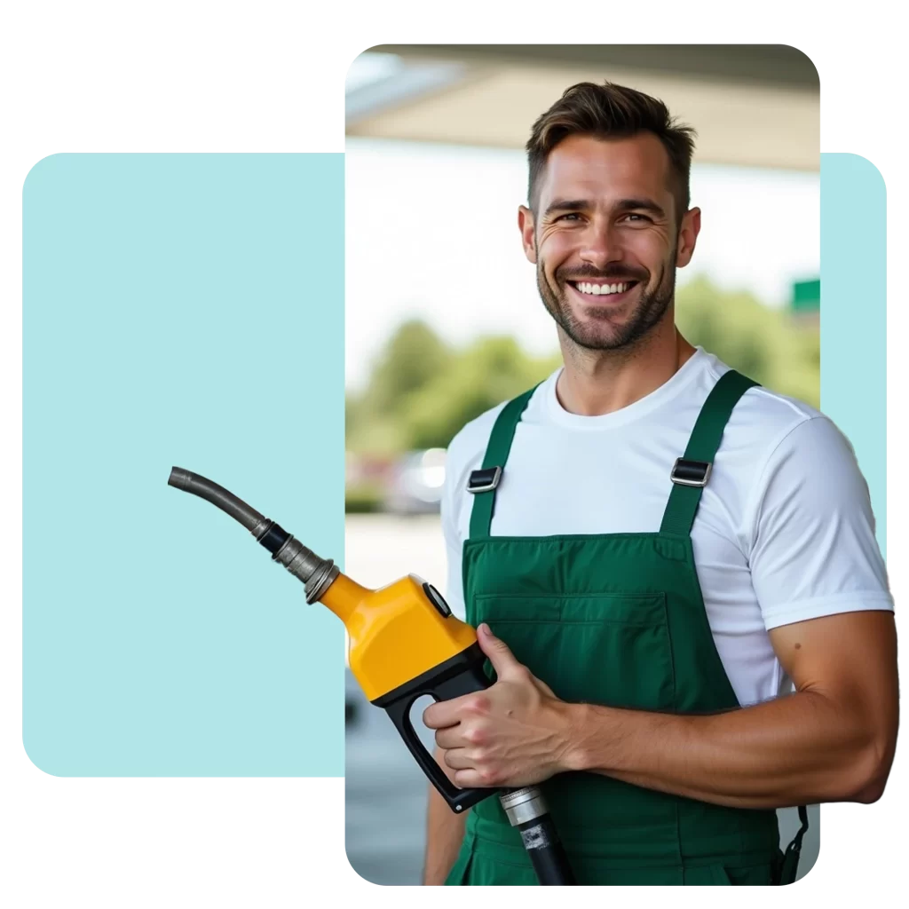 Colaborador de estación de servicio (islero) sonriente con uniforme verde y surtidor de combustible, representando la facilidad de uso de Zencillo Revolution en el día a día.