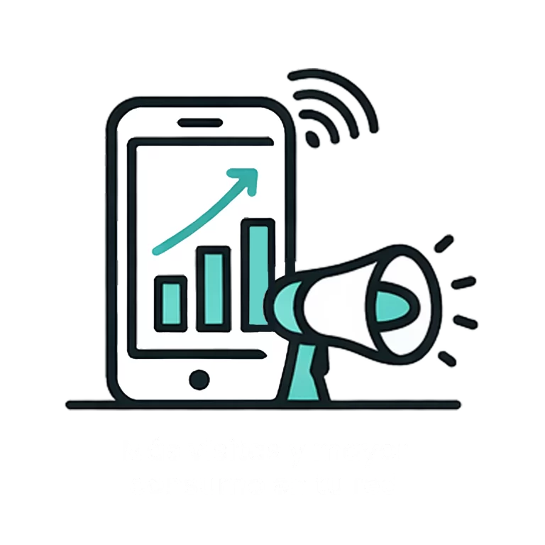Icono de smartphone con gráfica de crecimiento y megáfono, representando el aumento de visitas y consumo en la red de estaciones.