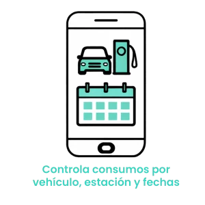 Icono de smartphone con un vehículo, un surtidor y un calendario, simbolizando el monitoreo detallado de transacciones de combustible.