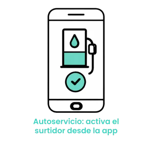 Icono de smartphone con un surtidor de combustible y una marca de verificación, representando la tecnología de activación remota del despacho.