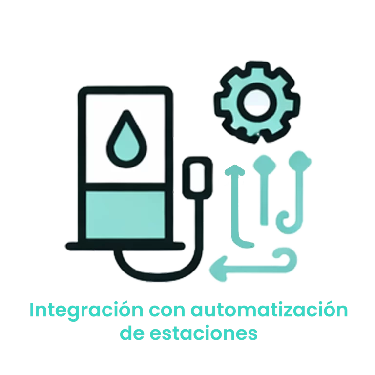 Icono de surtidor conectado a engranajes y flujos de datos, representando la integración técnica con el hardware de la estación.