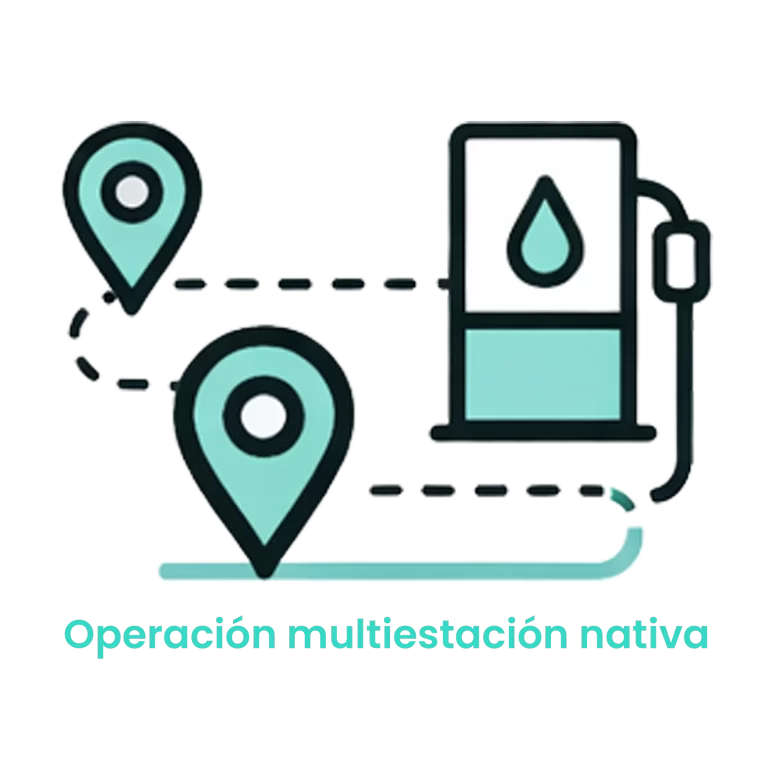 Icono de mapa con una ruta que conecta varios surtidores, representando la gestión unificada de múltiples sedes.
