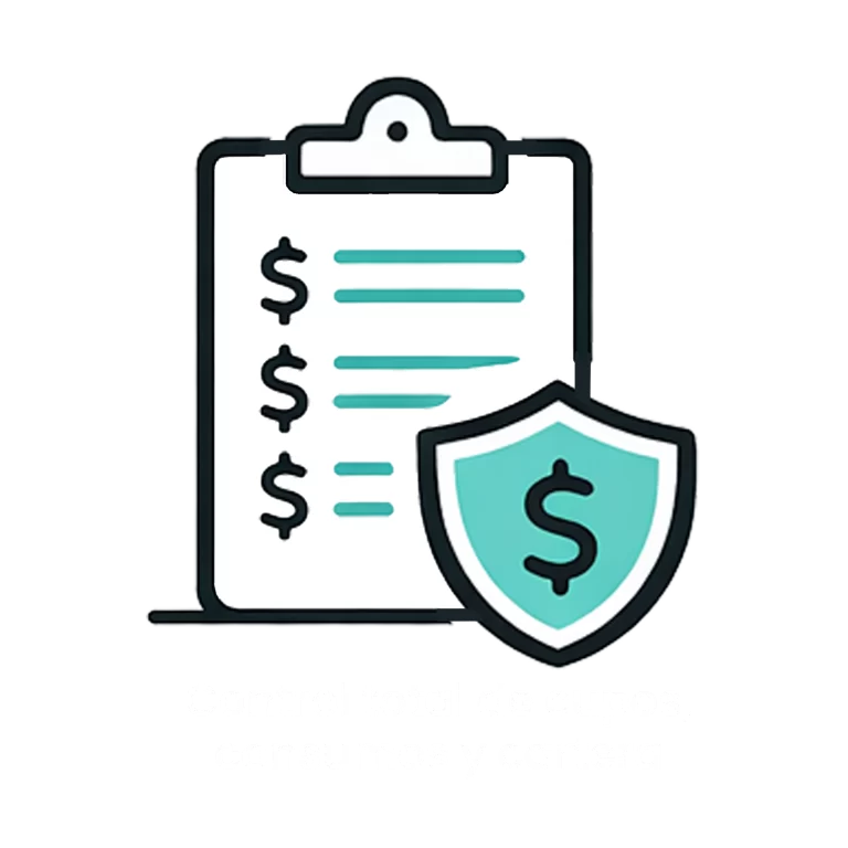 Icono de lista de control con signos de dólar y escudo, representando la gestión de cupones, consumos y cartera de clientes.