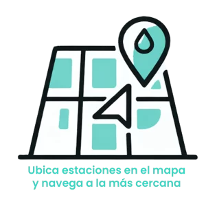 Icono de mapa con pines de ubicación y un surtidor de combustible, representando la función de geolocalización para encontrar la estación más cercana.