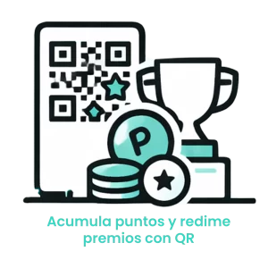 Icono de código QR junto a una moneda de puntos y un trofeo, simbolizando el sistema de lealtad y redención de beneficios digitales.
