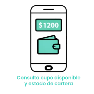 Icono de smartphone mostrando un cupo de $1200 y una billetera digital, representando la consulta de saldo y estado de cuenta para flotas corporativas.