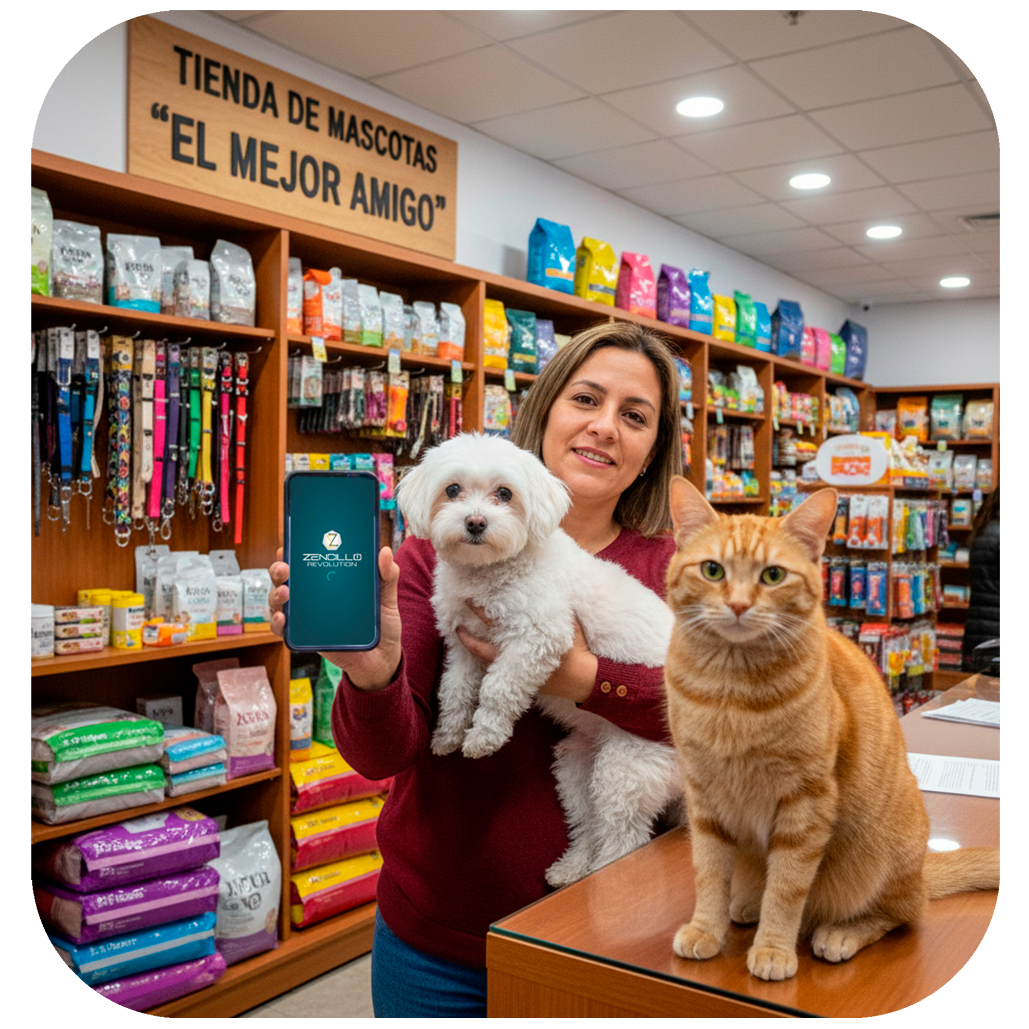 Dueña de una tienda de mascotas sonriente sosteniendo un perro blanco y mostrando la aplicación móvil de Zencillo Revolution para Pet Shops, con un gato naranja en primer plano.