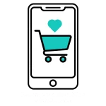 Icono de un smartphone con un carrito de compras y un corazón, simbolizando la automatización de pedidos recurrentes de alimento y accesorios.