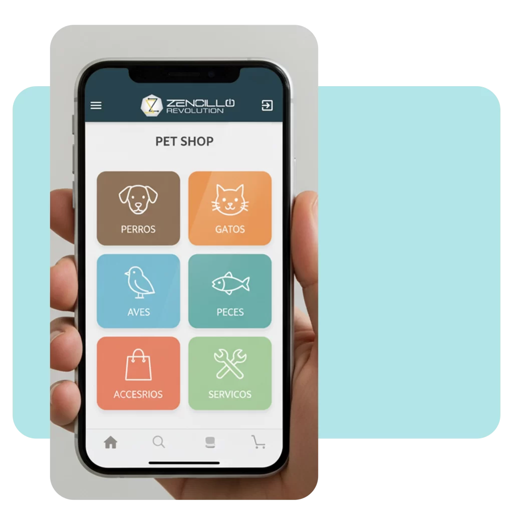 Smartphone mostrando el menú principal de categorías de una Pet Shop (Perros, Gatos, Aves, Peces) en una interfaz segura y estable.