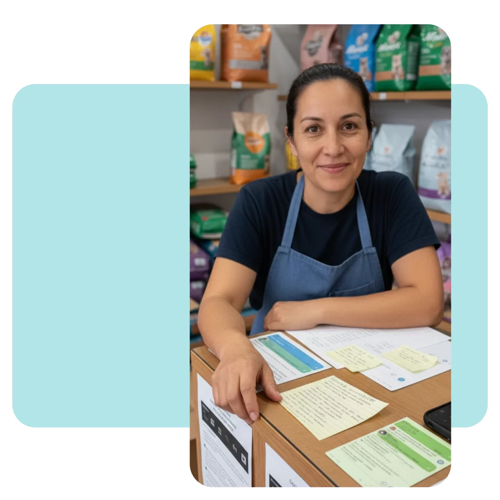 Administradora de tienda de mascotas revisando pedidos en notas de papel, representando el desorden y errores por falta de un sistema digital.