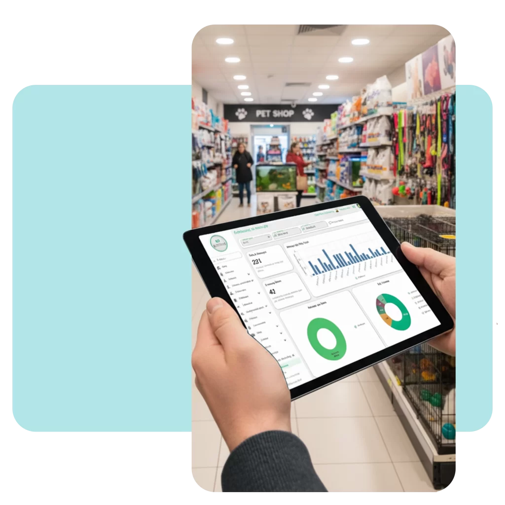 Persona operando una tablet que muestra el dashboard de métricas de Zencillo Revolution con datos de recompra y efectividad de campañas en una tienda de mascotas.