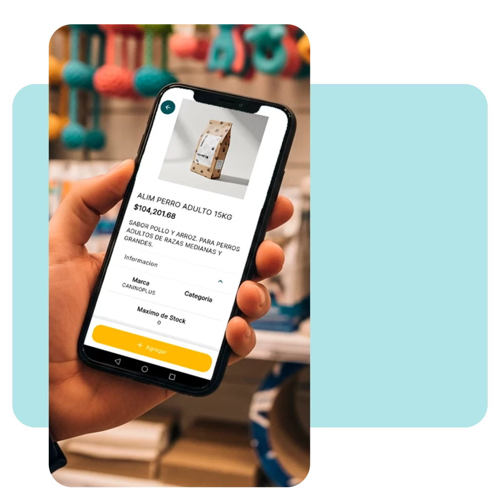 Vista detallada de un producto de alimento para perro en la app de Pet Shop, mostrando variantes de peso, precio y descripción técnica completa.