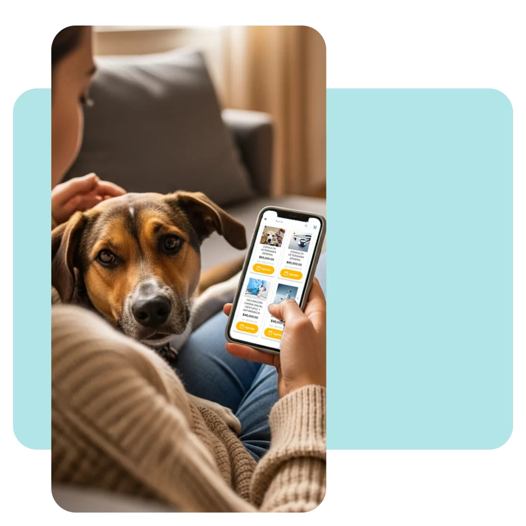 Dueño de mascota acariciando a su perro mientras usa la app para agendar un servicio de grooming y baño.