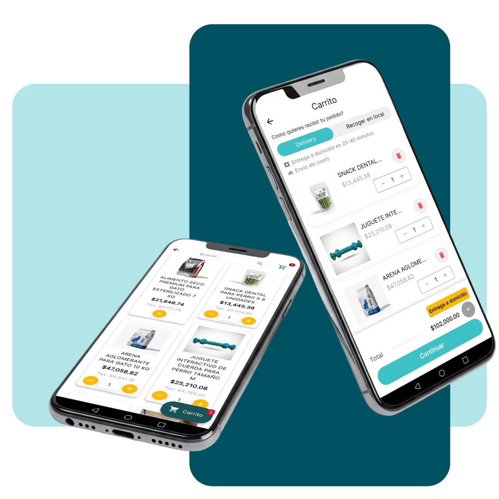 Dos smartphones mostrando el proceso de carrito de compras con opciones de delivery georreferenciado y retiro en local para productos de mascotas.